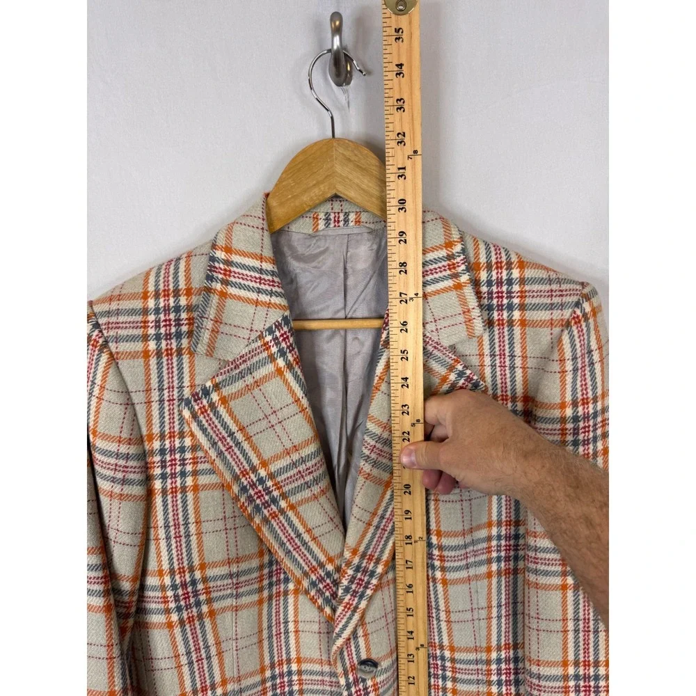 Vintage Plaid Blazer Jacket Orange Grey Beige Check Two Button Sport Coat 38 70s